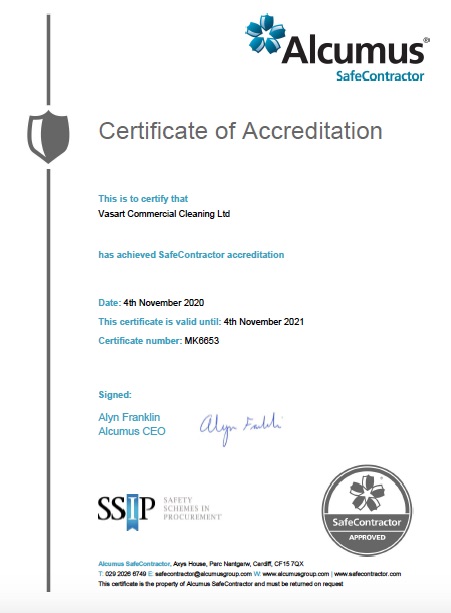 Photo of SafeContractor certificate received by Vasart Commercial Cleaning in November 2020